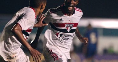 Caio e Vitinho comemoram gol da virada do São Paulo nas quartas de final da Copinha. (Foto: Twitter do São Paulo)