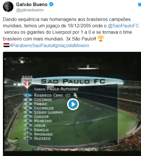 Galvão Bueno fez homenagem ao São Paulo pelo tricampeonato mundial contra o Liverpool. (Foto: Reprodução/Twitter Galvão Bueno)