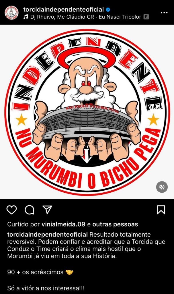 Organizada do São Paulo fez post em apoio ao time. (Foto: Reprodução Instagram)
