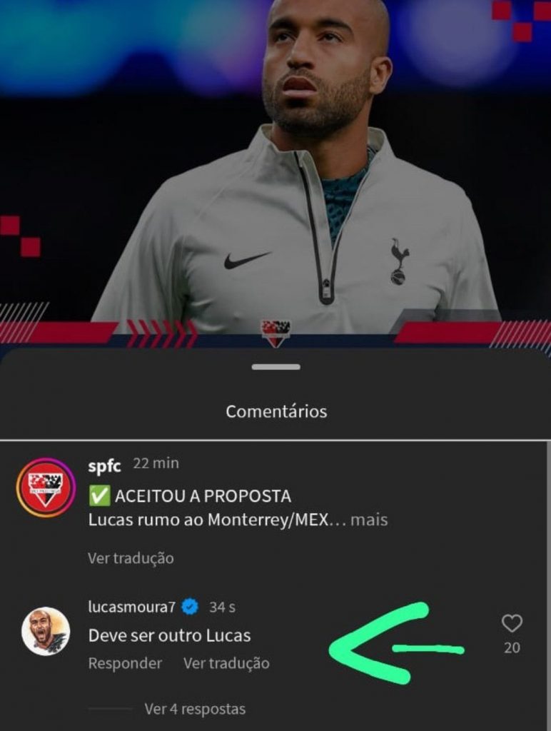 Lucas comenta em post negando que fechou com clube do México. São Paulo monitora. (Foto: Reprodução)