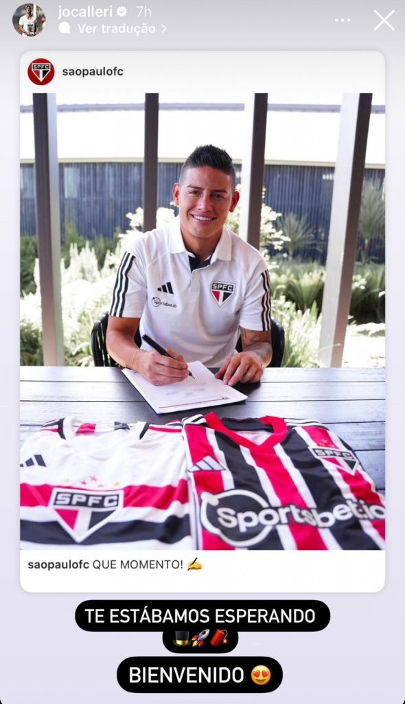 Calleri fez post em homenagem a chegada de James. (Foto: Reprodução Instagram)