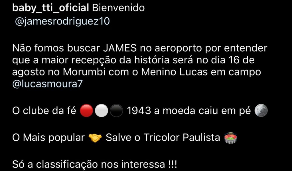 Presidente da maior organizada do São Paulo fez post nas redes sociais. (Foto: Reprodução Instagram)