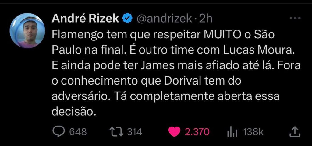 Para Rizek, Flamengo precisa estar atento ao São Paulo. (Foto: Reprodução Twitter)