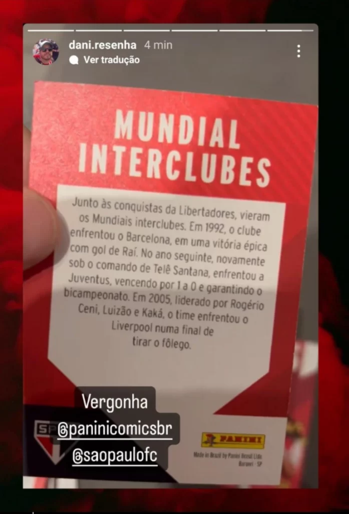 Panini faz homenagem ao São Paulo, mas publica erros grosseiros sobre os três títulos mundiais. (Foto: Reprodução)