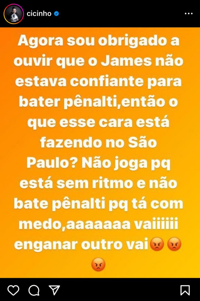 Ídolo do São Paulo soltou o verbo contra James na web. (Foto: Reprodução)
