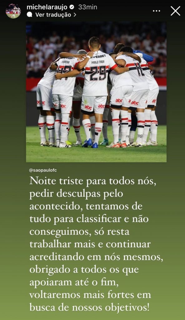 Michel Araújo faz publicação pedindo desculpa aos torcedores do São Paulo. (Foto: Reprodução)