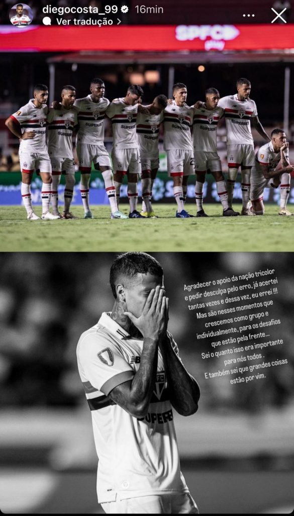 Diego Costa faz publicação pedindo desculpa aos torcedores do São Paulo. (Foto: Reprodução)