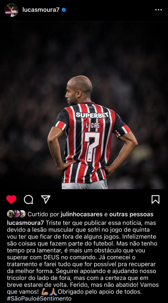 São Paulo não terá Lucas nas próximas partidas. (Foto: Reprodução)