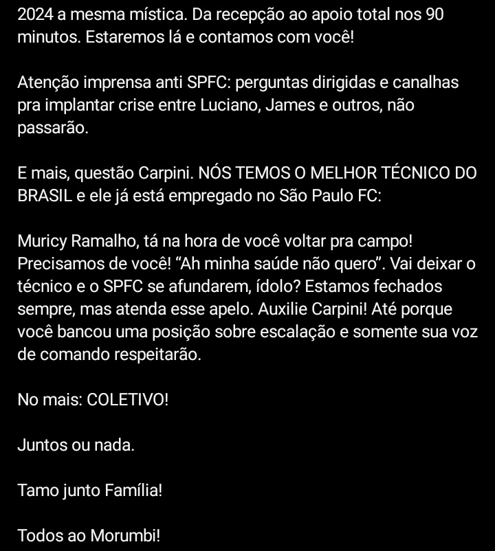 Organizada do São Paulo pede retorno de Muricy. (Foto: Reprodução)