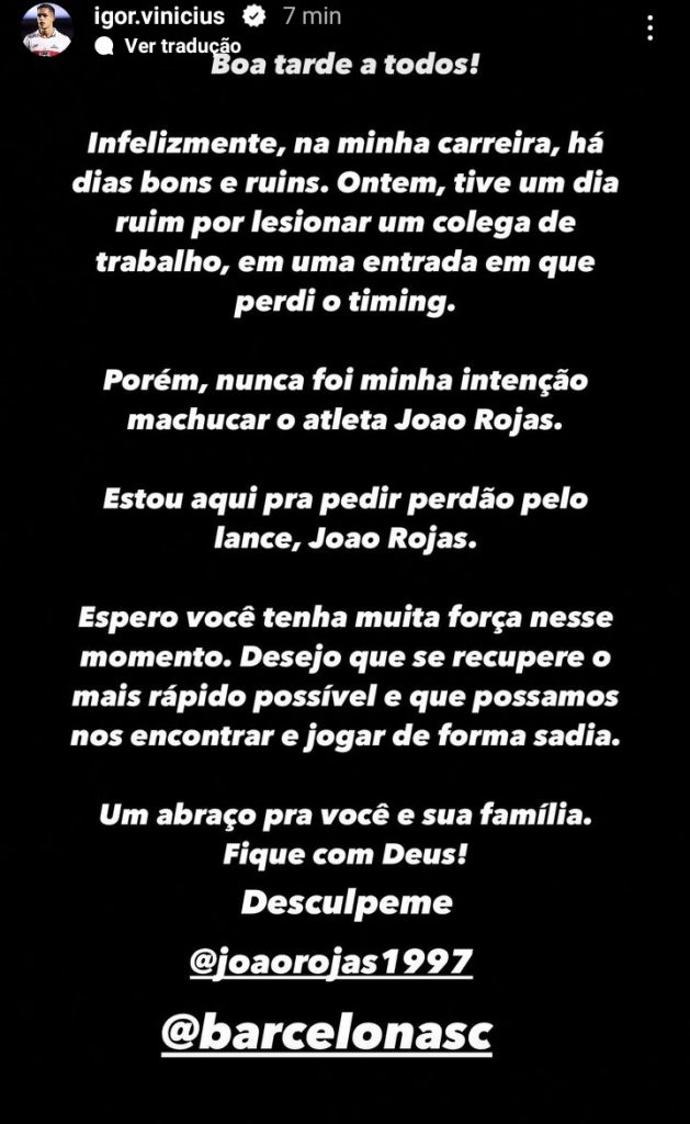 Igor Vinícius faz pedido de desculpas nas redes sociais a Joao Rojas. (foto: Twitter do SPFC)
