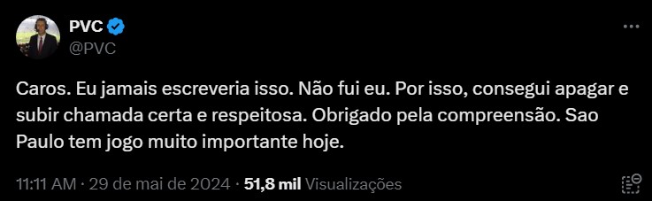 PVC se desculpa nas redes sociais por postagem com o termo Trikas. (Foto: Reprodução/X)