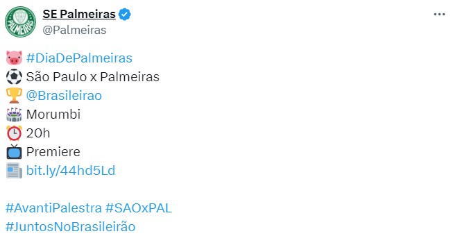 Palmeiras não usa naming rights do estádio do São Paulo no Choque-Rei do Brasileirão. (Foto: Twitter do Palmeiras)