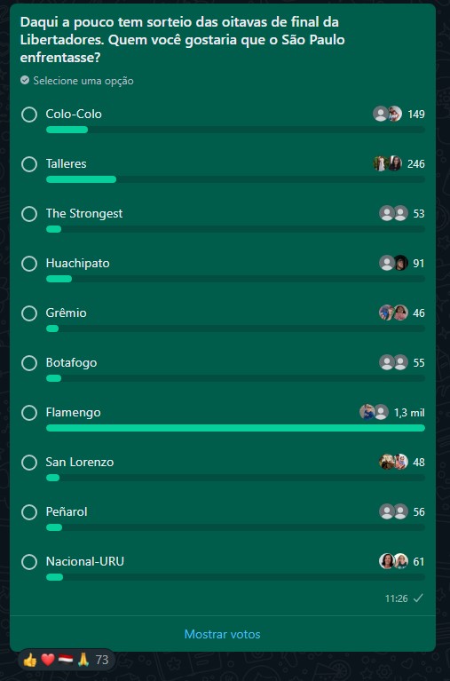 Votação no grupo do Futebol BR sobre o adversário ideal do Tricolor no mata-mata da Libertadores. (Foto: Reprodução)