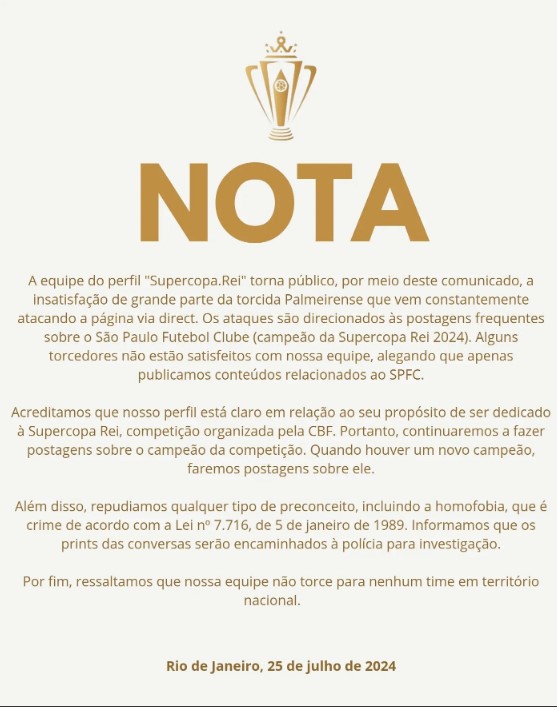 Nota publicada pelo perfil da Supercopa do Brasil, após ataques da torcida do Palmeiras. (Foto: Reprodução/Supercopa Rei do Brasil)