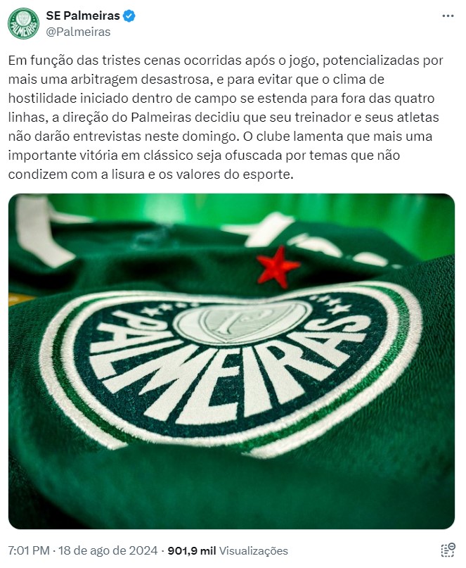 Palmeiras publica nota após Choque-Rei. (Foto: X do Palmeiras)