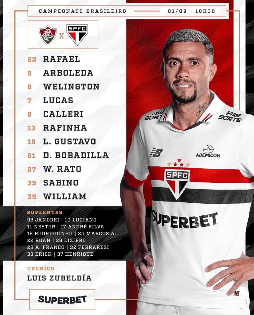 São Paulo está escalado para duelo do Brasileirão contra o Fluminense. (Foto: Threads do SPFC)