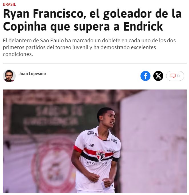 Ryan Francisco é comparado a Endrick na Espanha. (Foto: Reprodução/Diario AS)