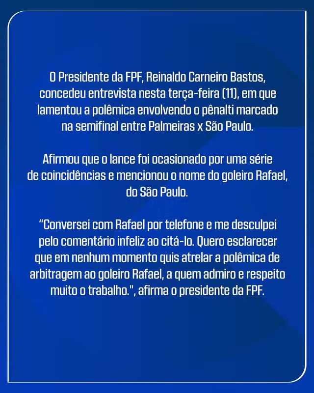 FPF pede desculpas a Rafael por comentário infeliz de Reinaldo Carneiro Bastos. (Foto: Reprodução/FPF)