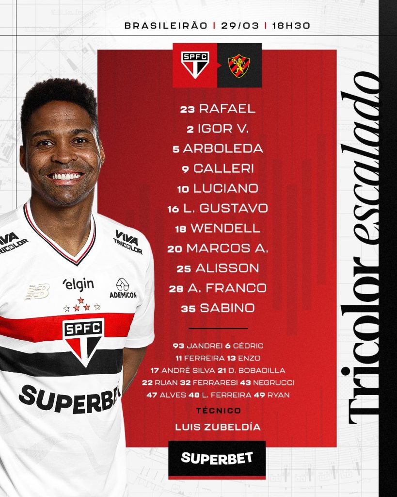 São Paulo escalado para enfrentar o Sport, no MorumBIS. (Foto: X do SPFC)