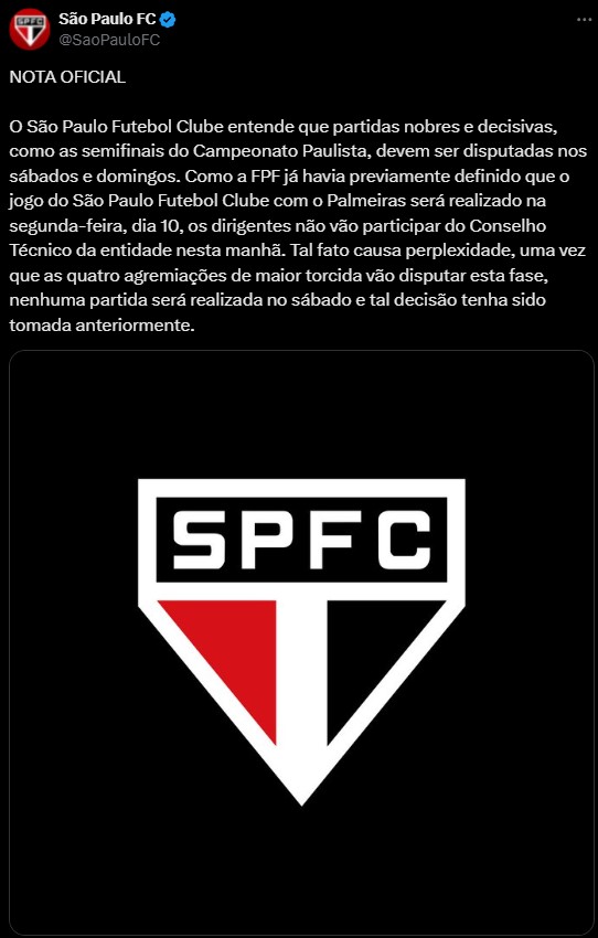 São Paulo publica nota oficial contra a Federação Paulista de Futebol. (Foto: X do SPFC)