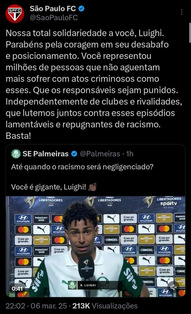 São Paulo emite nota em defesa de atacante do Palmeiras. (Foto: X do SPFC)