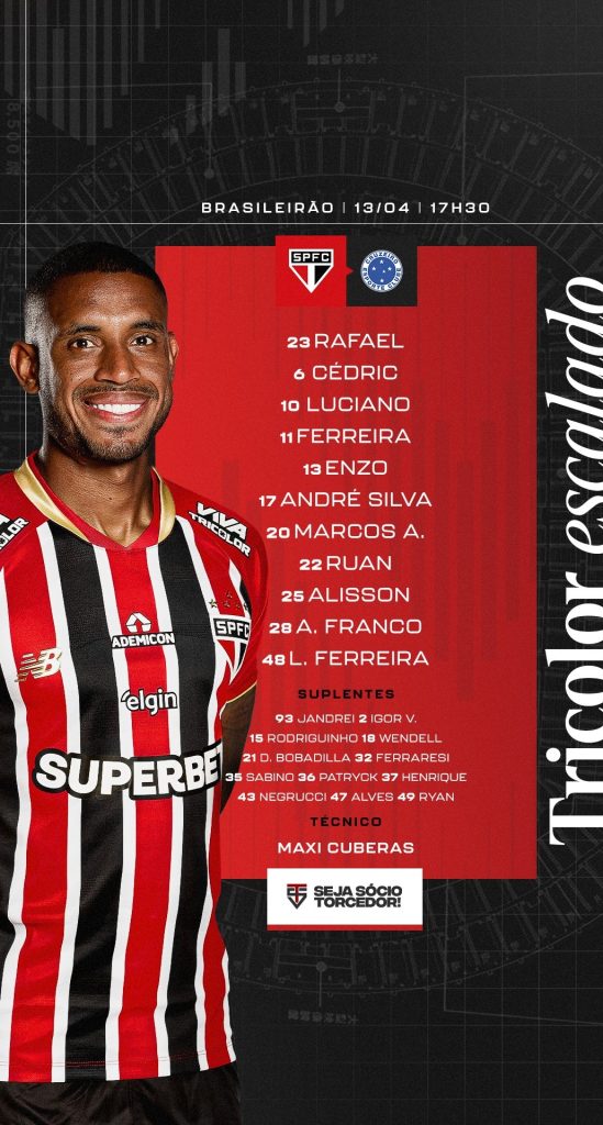 São Paulo está escalado para enfrentar o Cruzeiro. (Foto: X do SPFC)