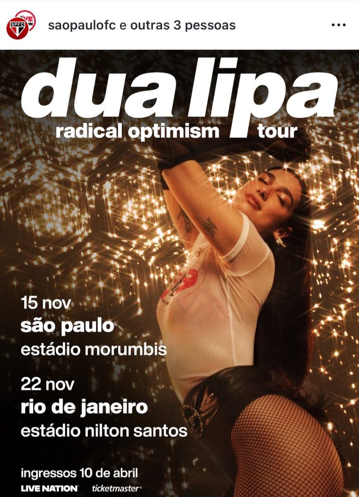 Dua Lipa fará show no MorumBIS em novembro. (Foto: Reprodução/Instagram)