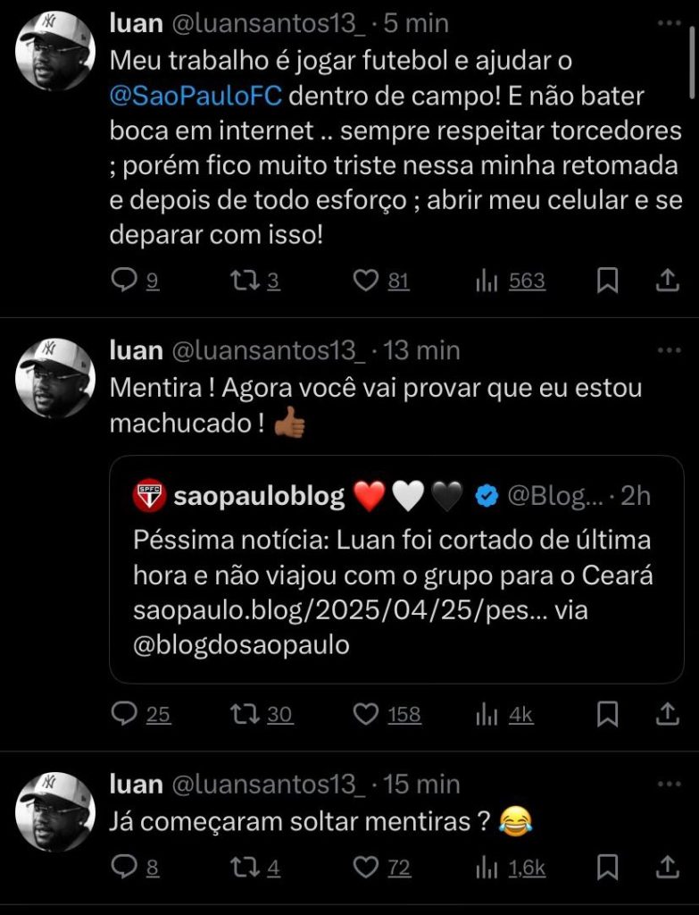 Luan rebate suposta lesão no São Paulo. (Foto: Reprodução/X)