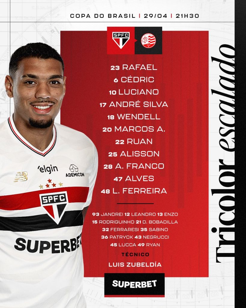 São Paulo escalado para duelo da Copa do Brasil contra o Náutico. (Foto: X do SPFC)
