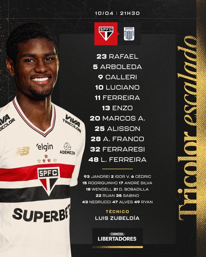 São Paulo vai a campo com time ofensivo contra o Alianza Lima. (Foto: X do SPFC)