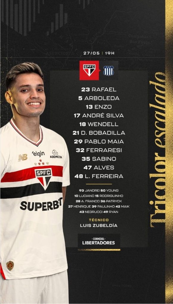 São Paulo escalado para enfrentar o Talleres pela Libertadores. (Foto: X do SPFC)