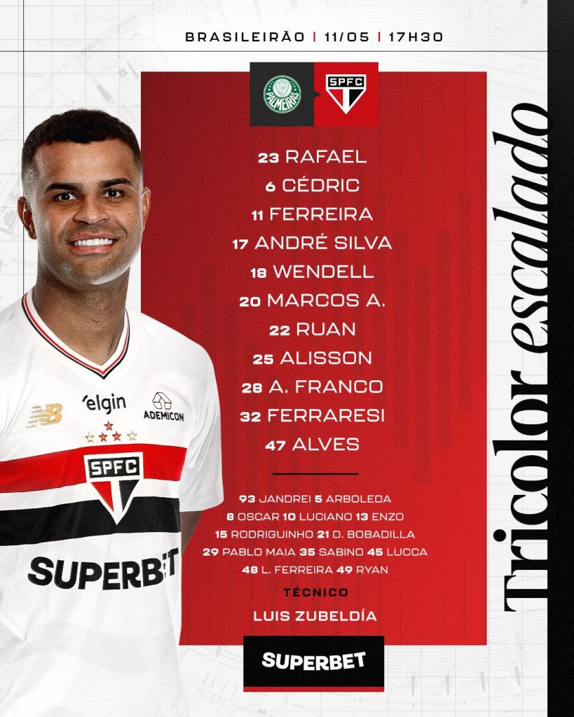 São Paulo está escalado para enfrentar o Palmeiras. (Foto: X do SPFC)