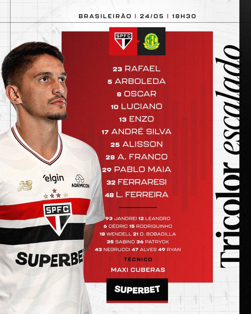São Paulo escalado para enfrentar o Mirassol. (Foto: X do SPFC)
