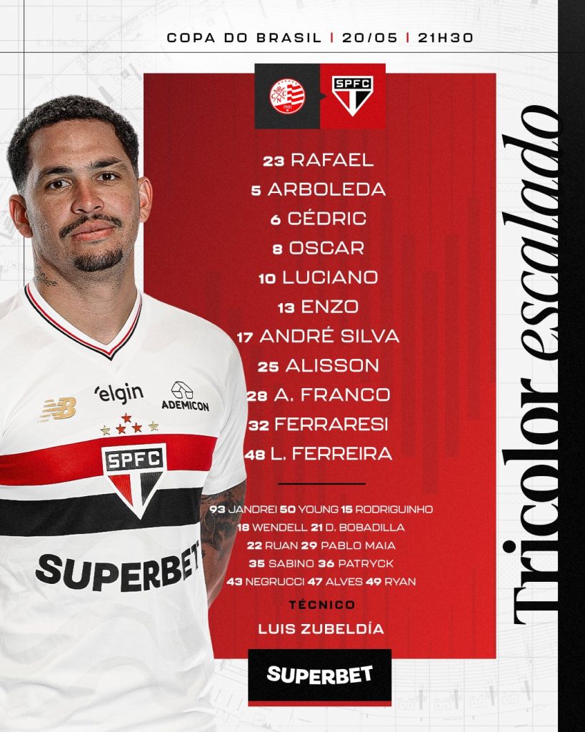 São Paulo escalado para enfrentar o Náutico. (Foto: X do SPFC)